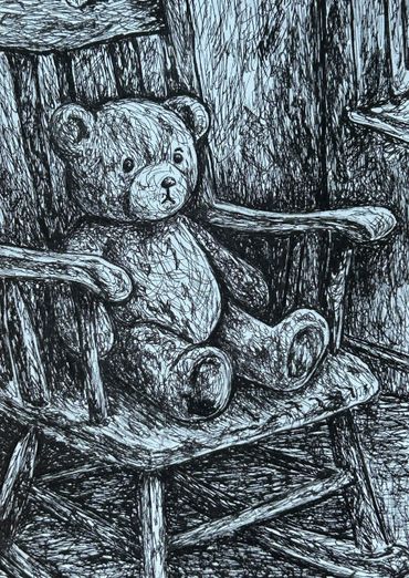 Sketch of a teddy bear sitting on a wooden rocking chair.