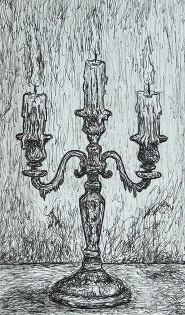 Ink sketch of a three-armed candelabra with melting candles.
