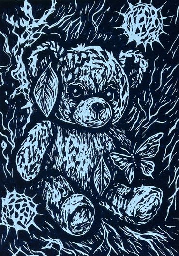 Surreal blue-toned teddy bear with feathers and butterfly in a mystical setting.