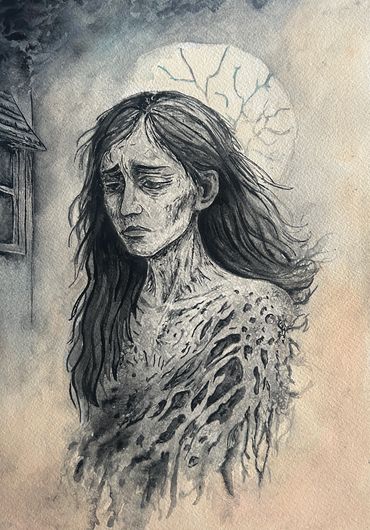 A somber woman with flowing hair stands before a glowing, cracked moon.