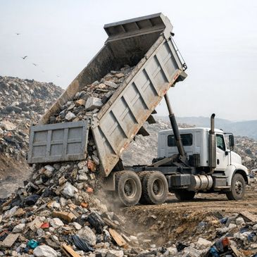 Dump truck unloading a large pile of construction debris at a landfill.