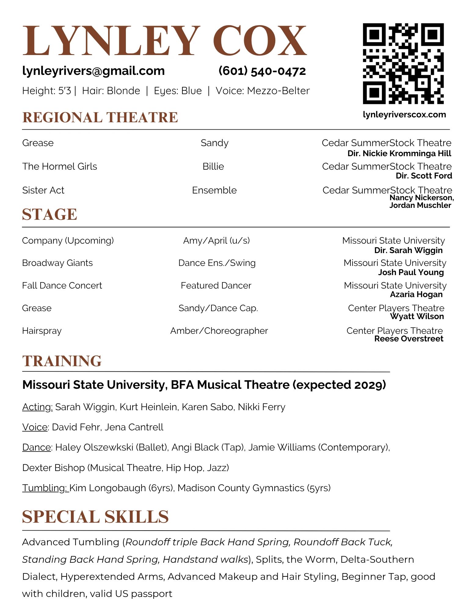 Lynley Cox's resume showcasing theatre roles, training, and special skills in musical theatre and dance.