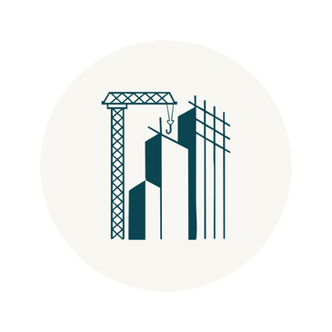 Icon of a construction site with buildings and a crane.