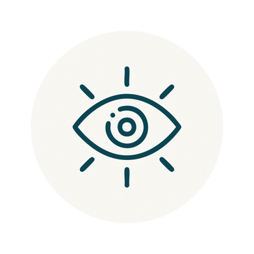A simple eye icon with rays around it inside a circle.