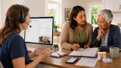 Healthcare consultation with nurse, elderly woman, and family member.