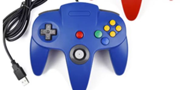 Red and blue wired Nintendo 64 controllers with colorful buttons.