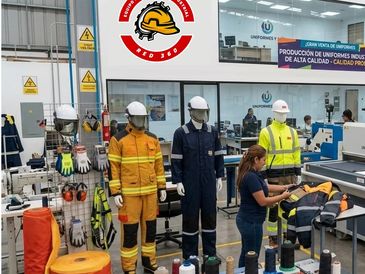 Fábrica de uniformes de trabajo con maniquíes y mujer trabajando.
