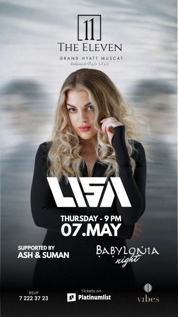 Promotional poster for Lisa's performance on May 7th at The Eleven, Grand Hyatt Muscat.