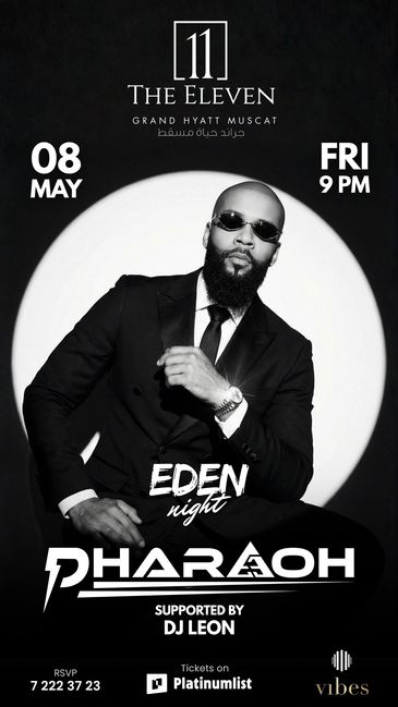 Event poster for Pharaoh performing live at The Eleven, Grand Hyatt Muscat on May 8, 9 PM.
