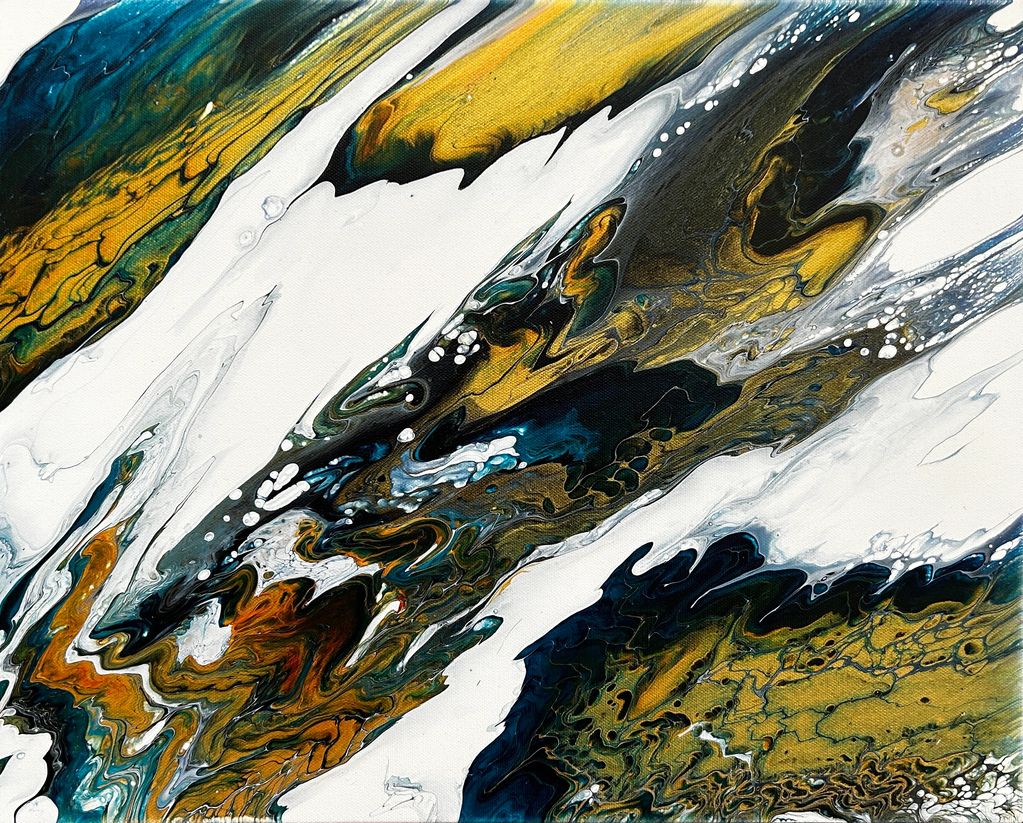 Vibrant acrylic pour in greens, blues, copper, yellow