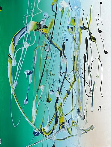 Abstract painting with flowing lines and splashes in green, blue, white, yellow, and black.
