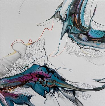 Abstract fluid art with blue, purple, and black hues on a white background.