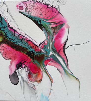 Abstract fluid art with pink, teal, and black colors blending on a white background.