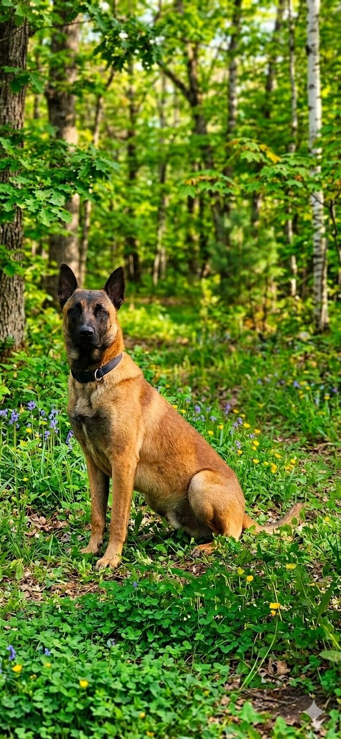 Alert Belgian Malinois dog sitting in a lush green forest clearing.
