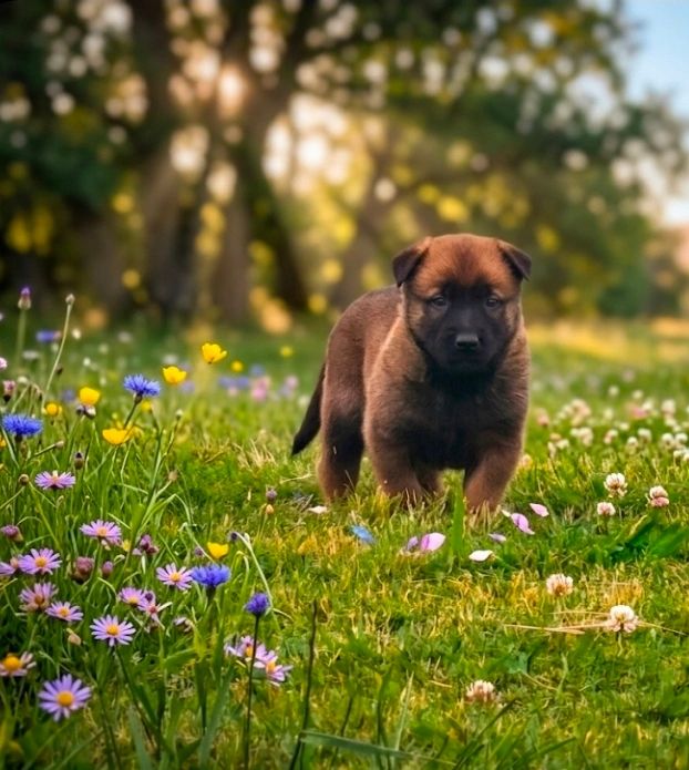 A brown puppy standing in a colorful meadow with wildflowers.
