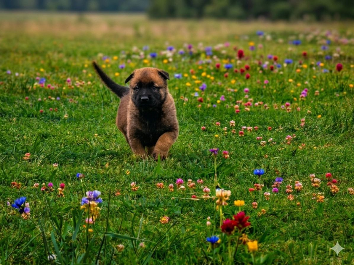 A young puppy runs through a colorful wildflower meadow.