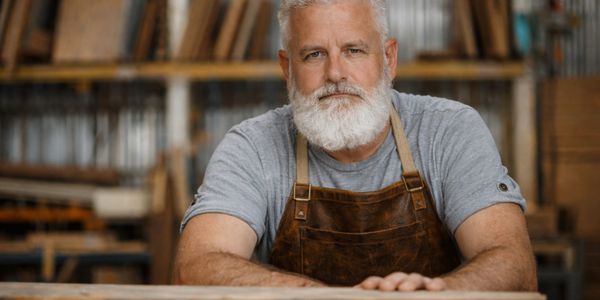 Bearded craftsman in apron at workbench in workshop.