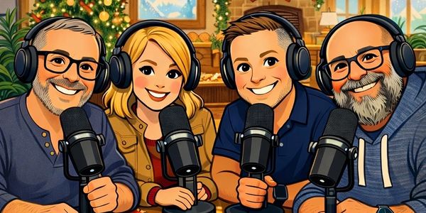 Podcast hosts with festive decorations and special guests, The Obans.