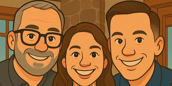 Illustration of two dads and a child with podcast microphones and show title.