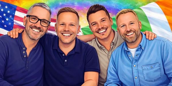Four smiling men with American and Irish flags, titled 'Two Gay Dads'.