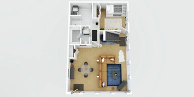 Top-down view of a modern floor plan with living, dining, bedroom, and laundry areas.