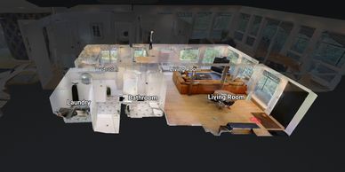 3D floor plan showing labeled rooms including living room, bedroom, bathroom, and laundry.