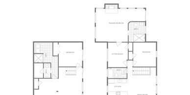 Two-story floor plan with living areas, bedrooms, bathrooms, kitchen, and dining spaces.