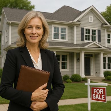 Smiling real estate agent standing in front of a house for sale.