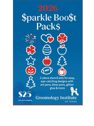 2026 Sparkle Boost Packs with stencil sets for creative designs, $25 at Groomology Institute of Texas.