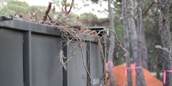 A black trailer filled with branches and debris in a forest clearing.