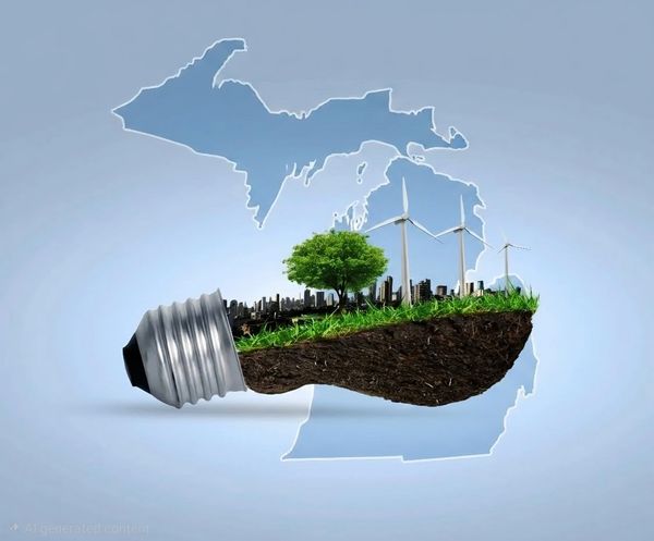 Sustainable energy concept with a light bulb, wind turbines, and greenery inside Michigan's state outline.
