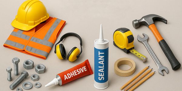 Various construction tools and safety equipment neatly arranged on a plain surface.