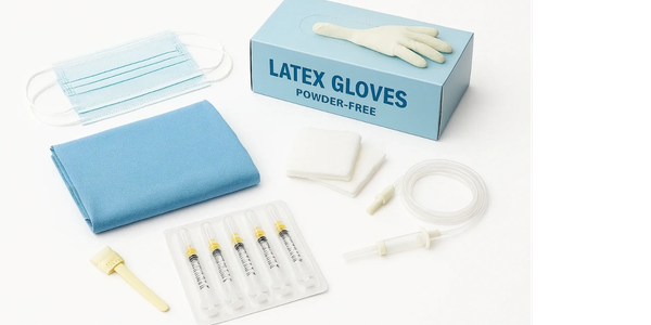 Medical supplies including latex gloves, syringes, mask, and gauze on a white background.