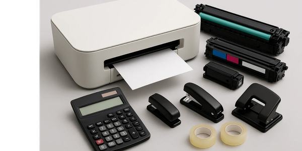 A collection of office supplies including a printer, calculator, staplers, hole punch, tape rolls, and toner cartridges.