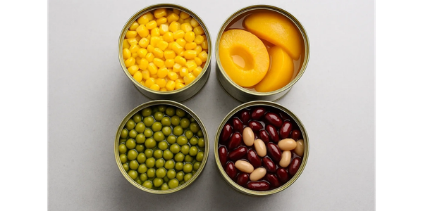 Four open cans containing corn, peaches, green peas, and mixed beans.