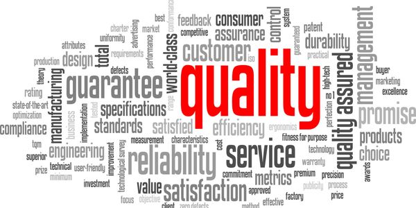 Word cloud highlighting terms related to quality, service, reliability, and customer satisfaction.