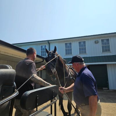 Two men handling a horse near a building.