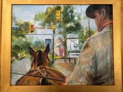 Painting of a man riding a horse-drawn carriage in a town.