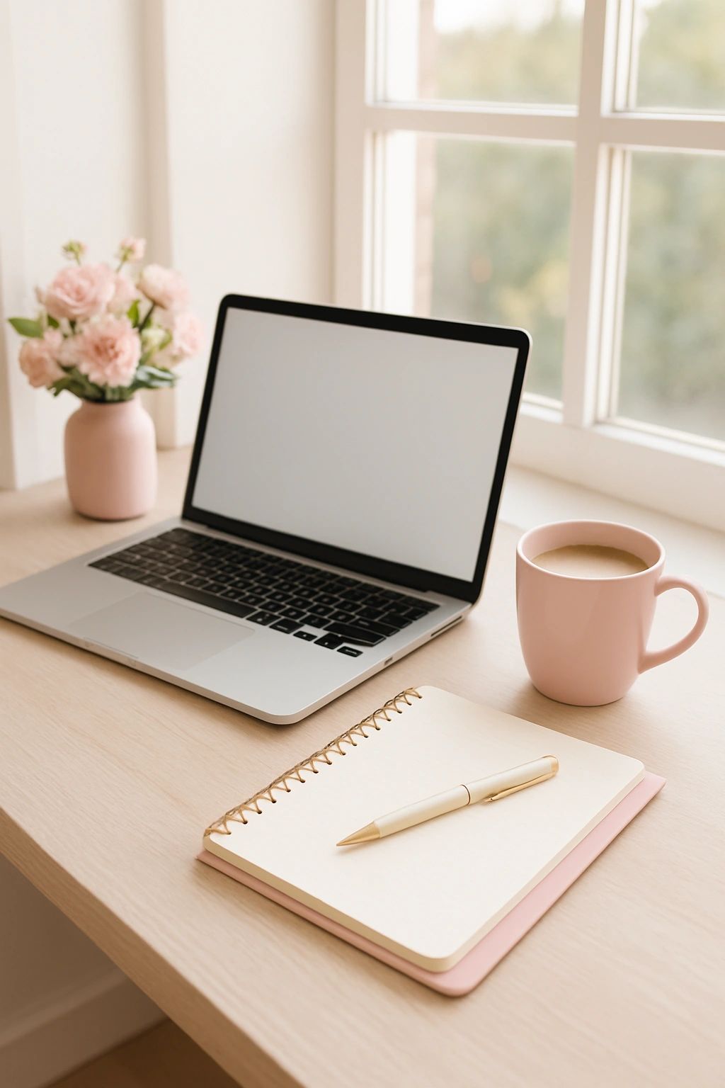 Virtual Assistants desk by a window with a laptop, coffee cup, and notebook