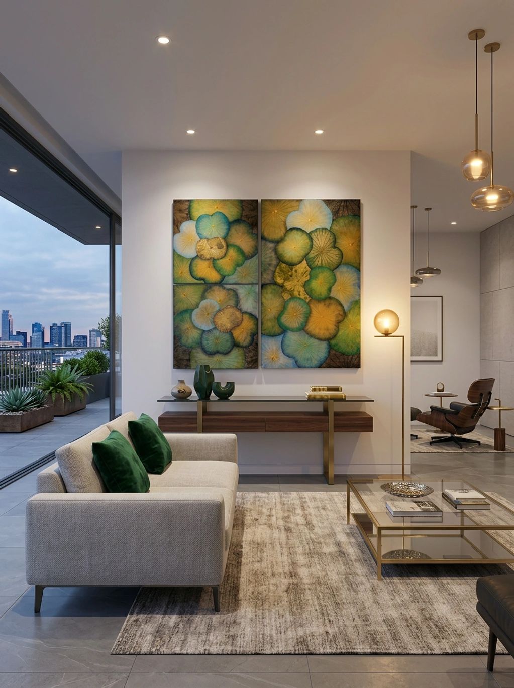 Modern living room with a beige sofa and green pillows overlooking cityscape.