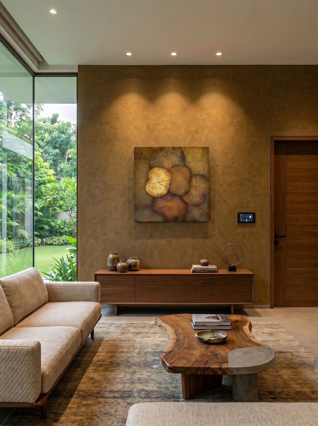 Cozy living room with wooden furniture and earthy tones.