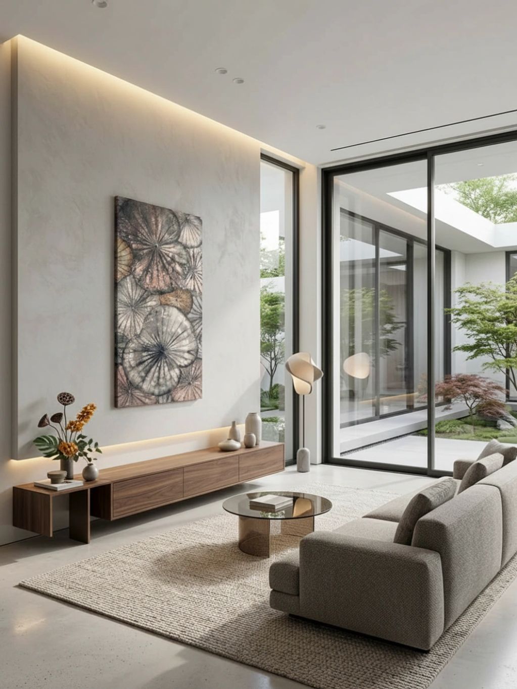 Modern living room with neutral tones, large windows, and minimalist decor.