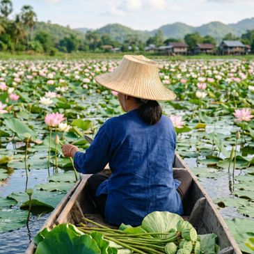 A person in a boat among blooming lotus flowers on a lake.