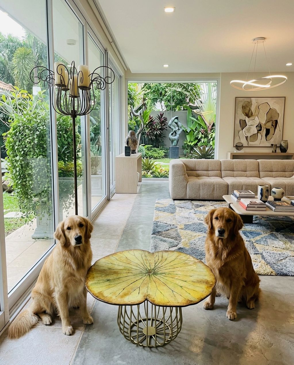Two golden retrievers sitting beside a unique coffee table in a modern living room.