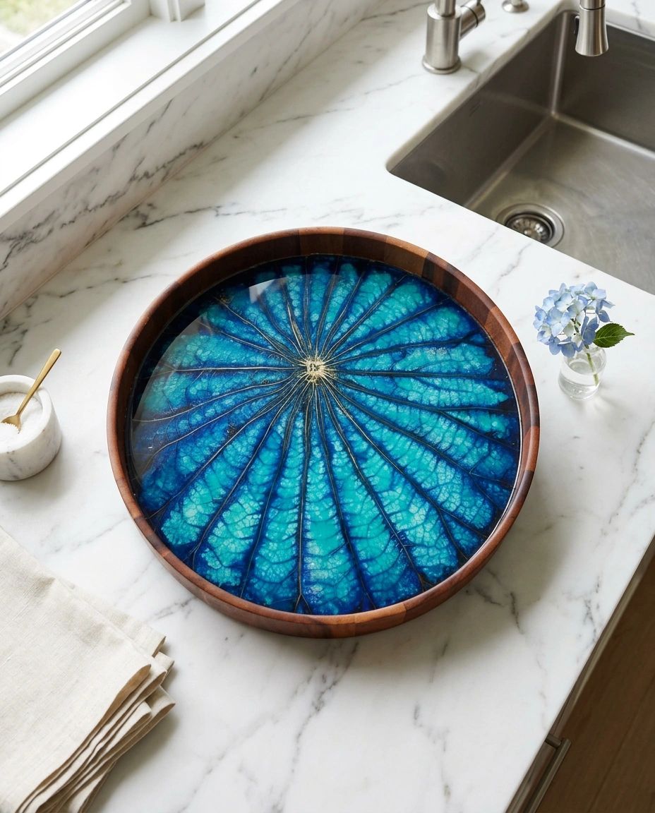 Round tray with a blue botanical pattern on a marble countertop.