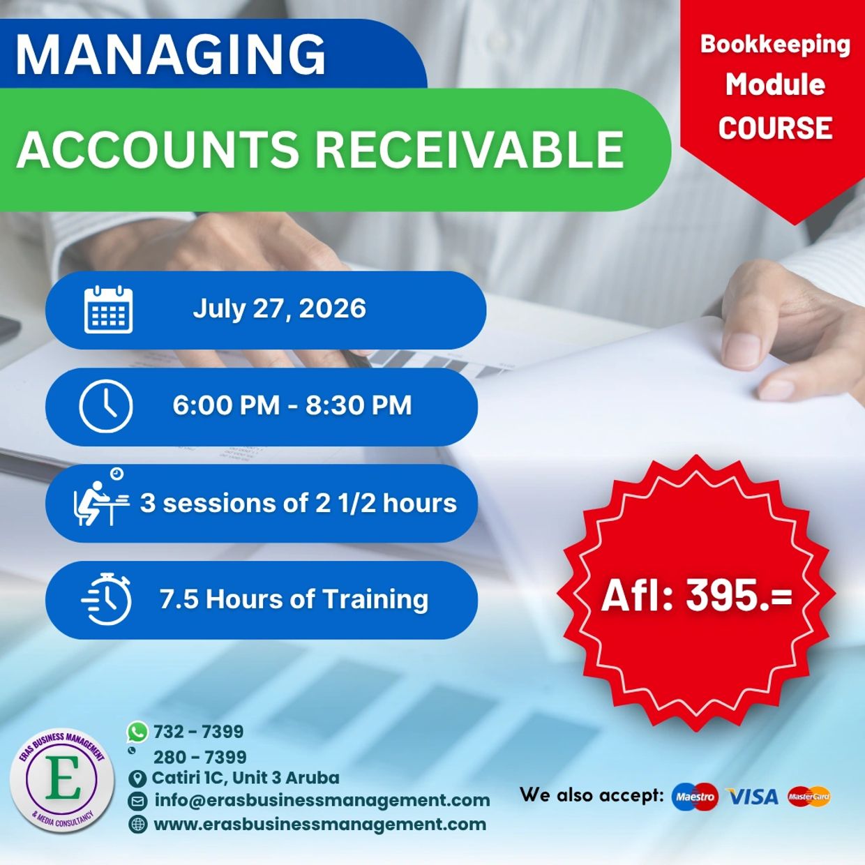 Bookkeeping course on managing accounts receivable with schedule and pricing details.