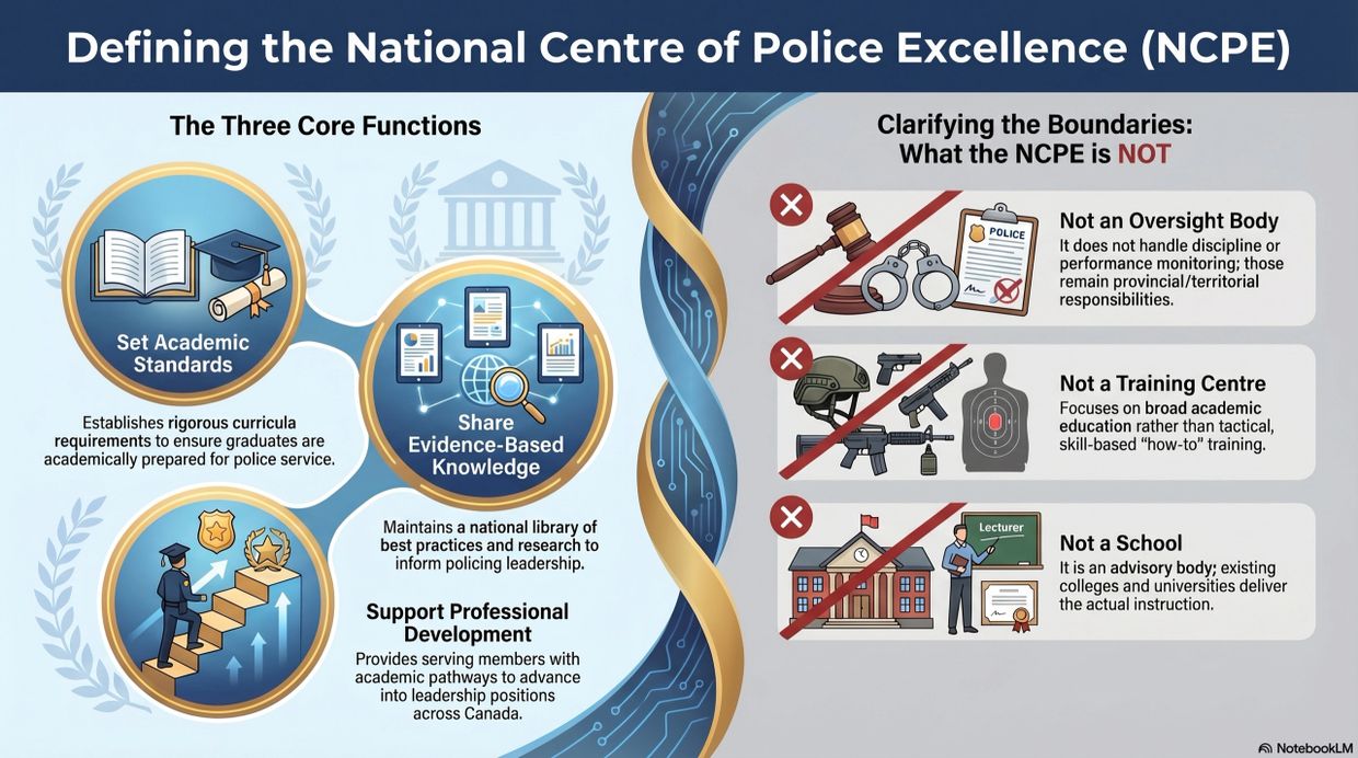 National Centre of Police Excellence - core functions and boundaries.
What the NCPE won't do:  be a regulatory college; be a training academy; be a school.