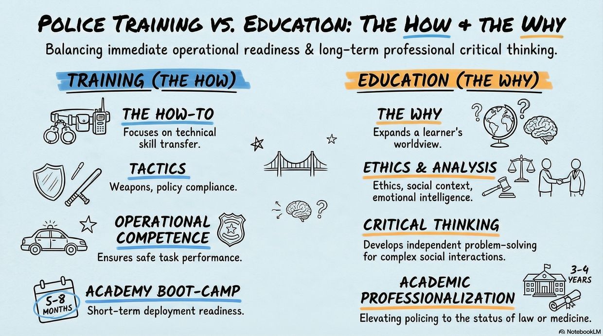 Comparison chart of police training vs education. Education includes critical thinking, cultural knowledge and personal wellness.