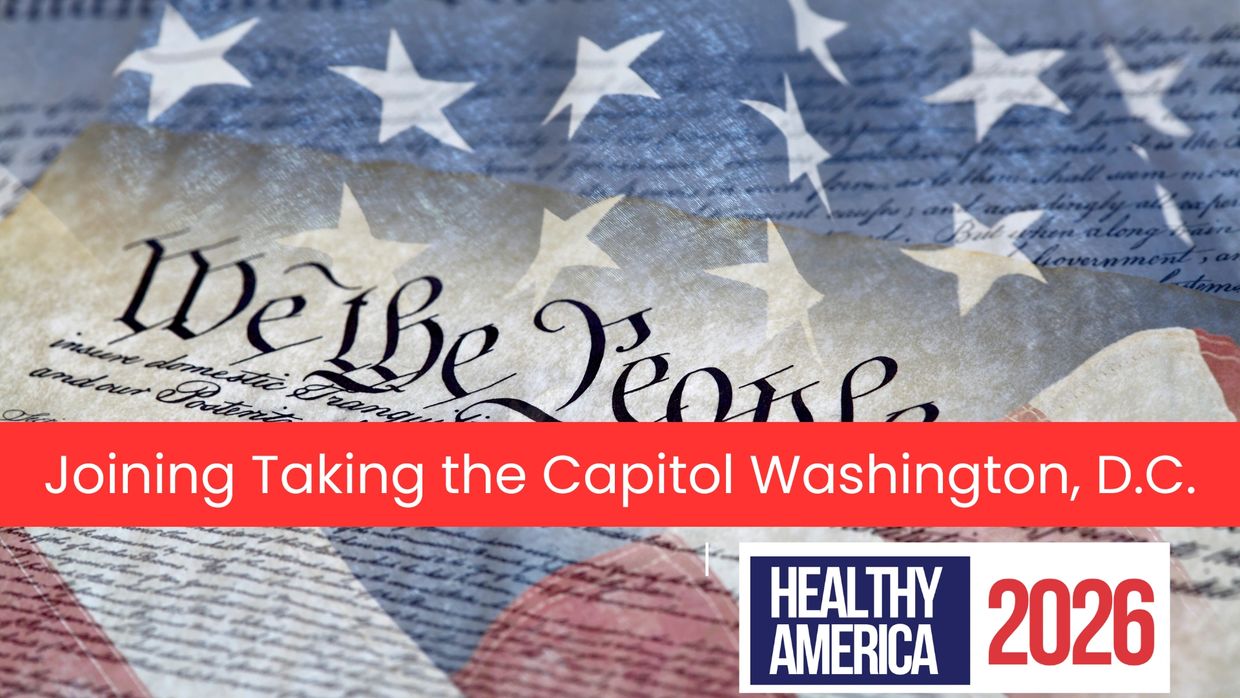 Patriotic background with American flag and Constitution, overlay text about taking the Capitol.