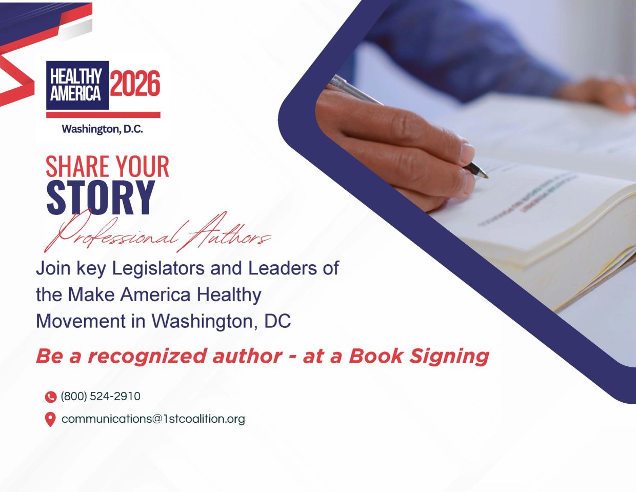 Invitation for professional authors to share their stories at a Healthy America 2026 book signing event in Washington, D.C.